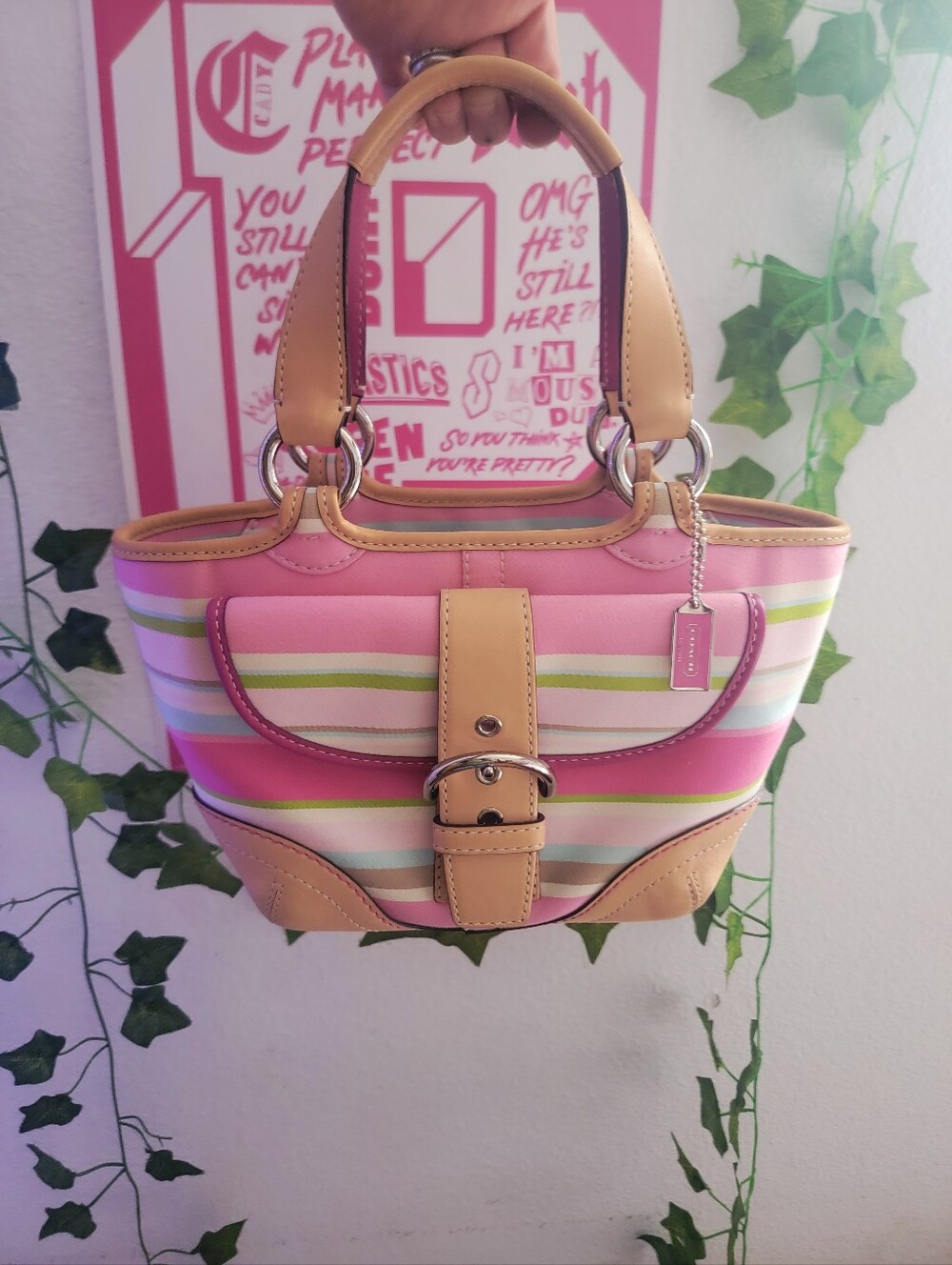 COACH Pink Multi Striped SOHO Vachetta Leather Hampton Small Tote